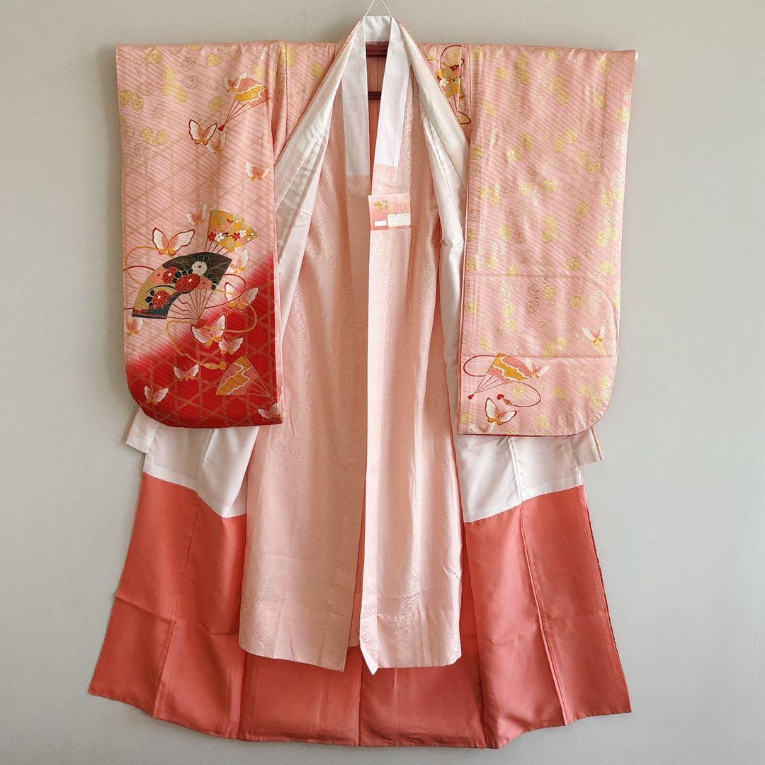 フルセット　七五三７歳女の子ピンク地　桜扇蝶　オレンジ袋帯　絹長襦袢7123